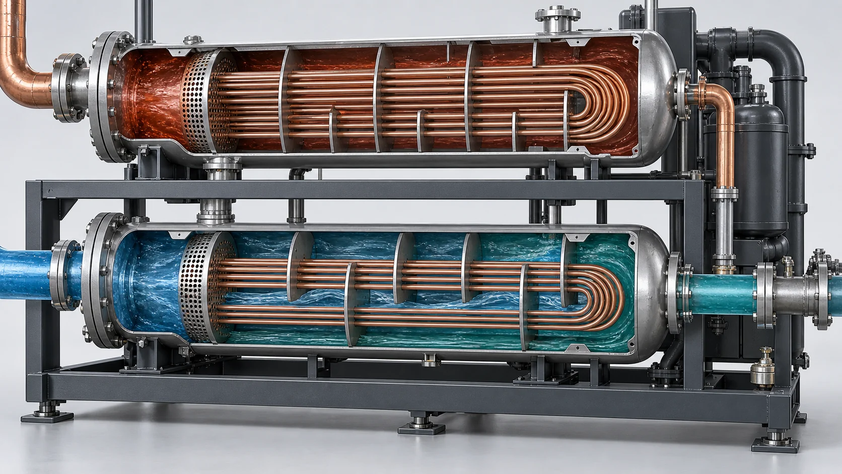 Cutaway water chiller heat exchangers with shell-and-tube condenser, evaporator tubes, headers, baffles and service clearances