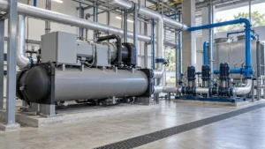Factory-assembled industrial water chiller beside insulated chilled-water pipes, pump skid and a compact condenser-water loop in a mechanical plant