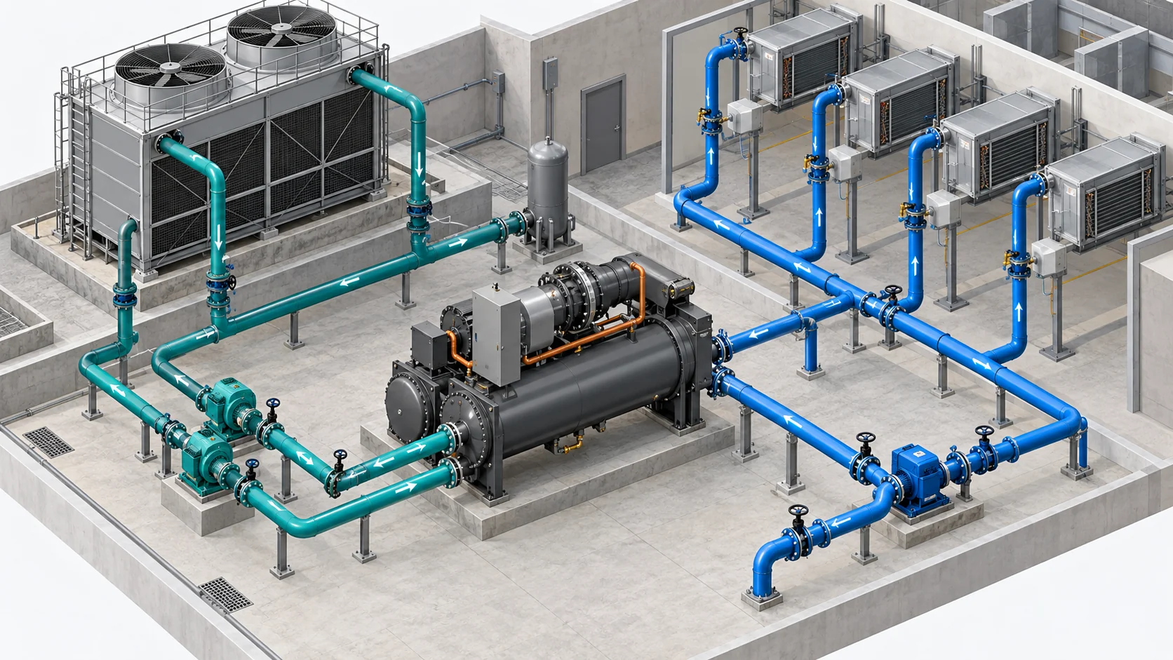 Isometric chilled-water plant loop with chiller, evaporator loop, condenser-water loop, pumps, cooling tower and terminal heat exchangers