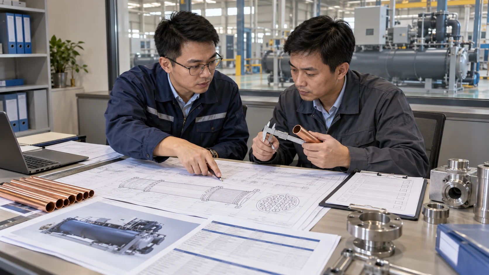 Asian procurement and manufacturing engineers reviewing a water chiller RFQ, heat-exchanger drawing, AHRI rating sheet and inspection checklist