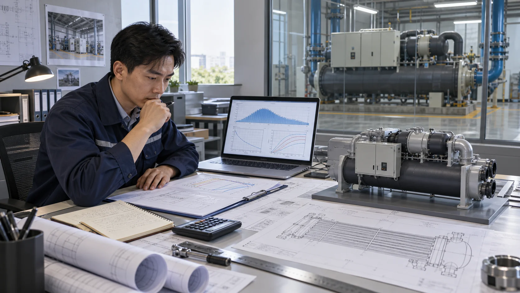 Asian HVAC engineer reviewing cooling-load profile, leaving-water temperature, flow and part-load curves beside a 3D chiller model