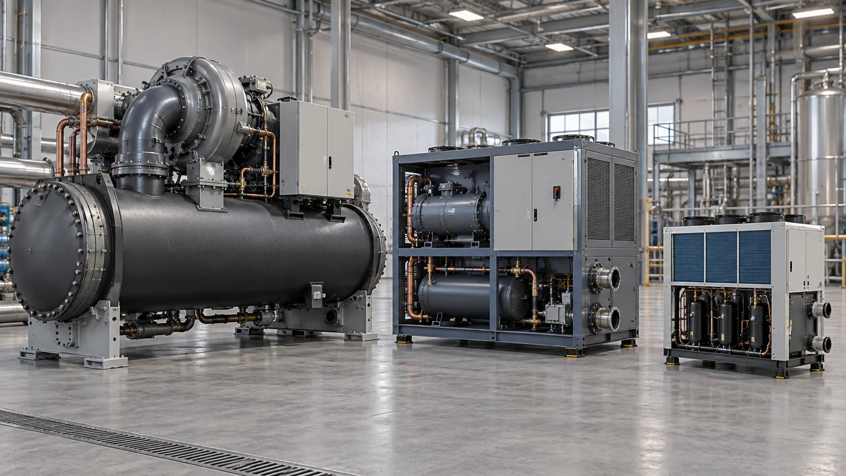 Three distinct industrial water chiller packages: centrifugal, screw and scroll compressors shown as clean equipment silhouettes with different duty scales