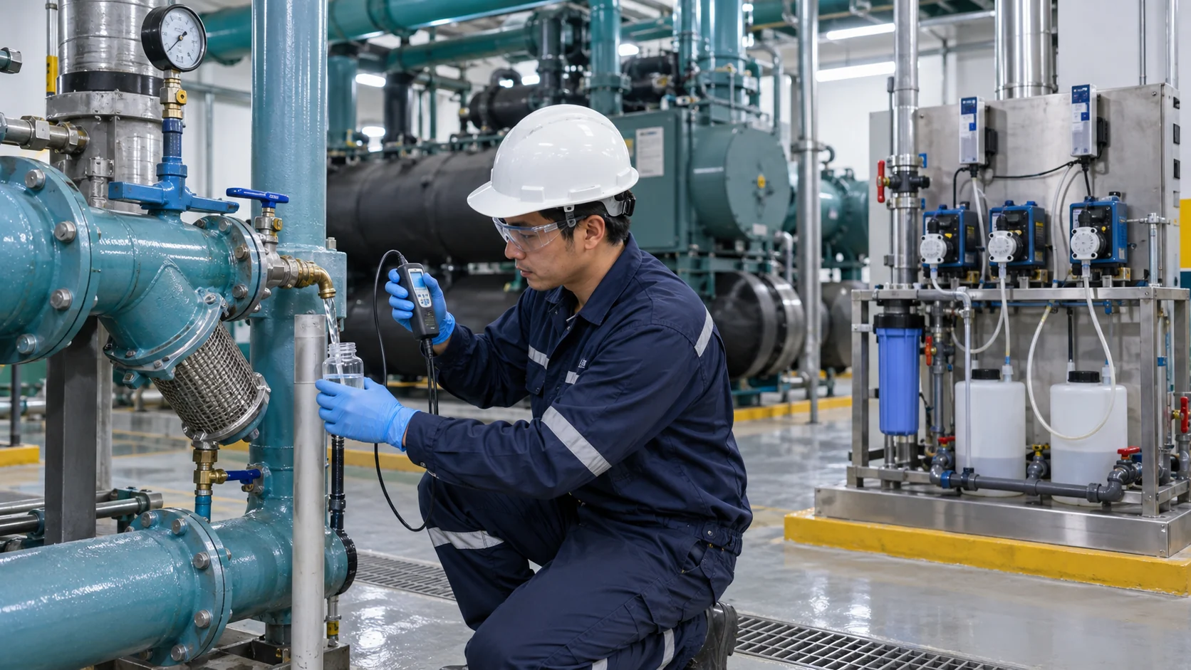 Asian facilities technician sampling condenser-water loop with conductivity meter, side-stream filter, dosing pumps and clean service area