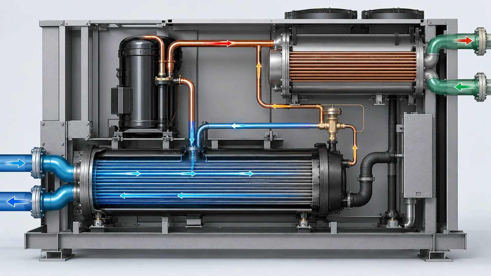 Technical cutaway of a water chiller showing refrigerant evaporator, compressor, condenser, expansion valve and chilled-water flow arrows