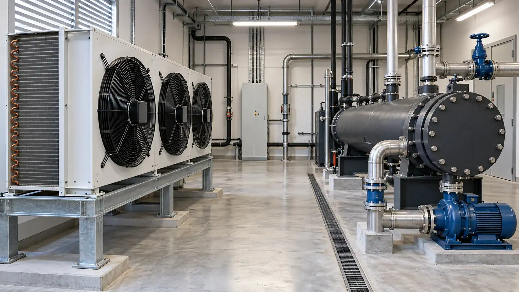 Industrial refrigeration system with large cooling units and piping in a commercial facility.