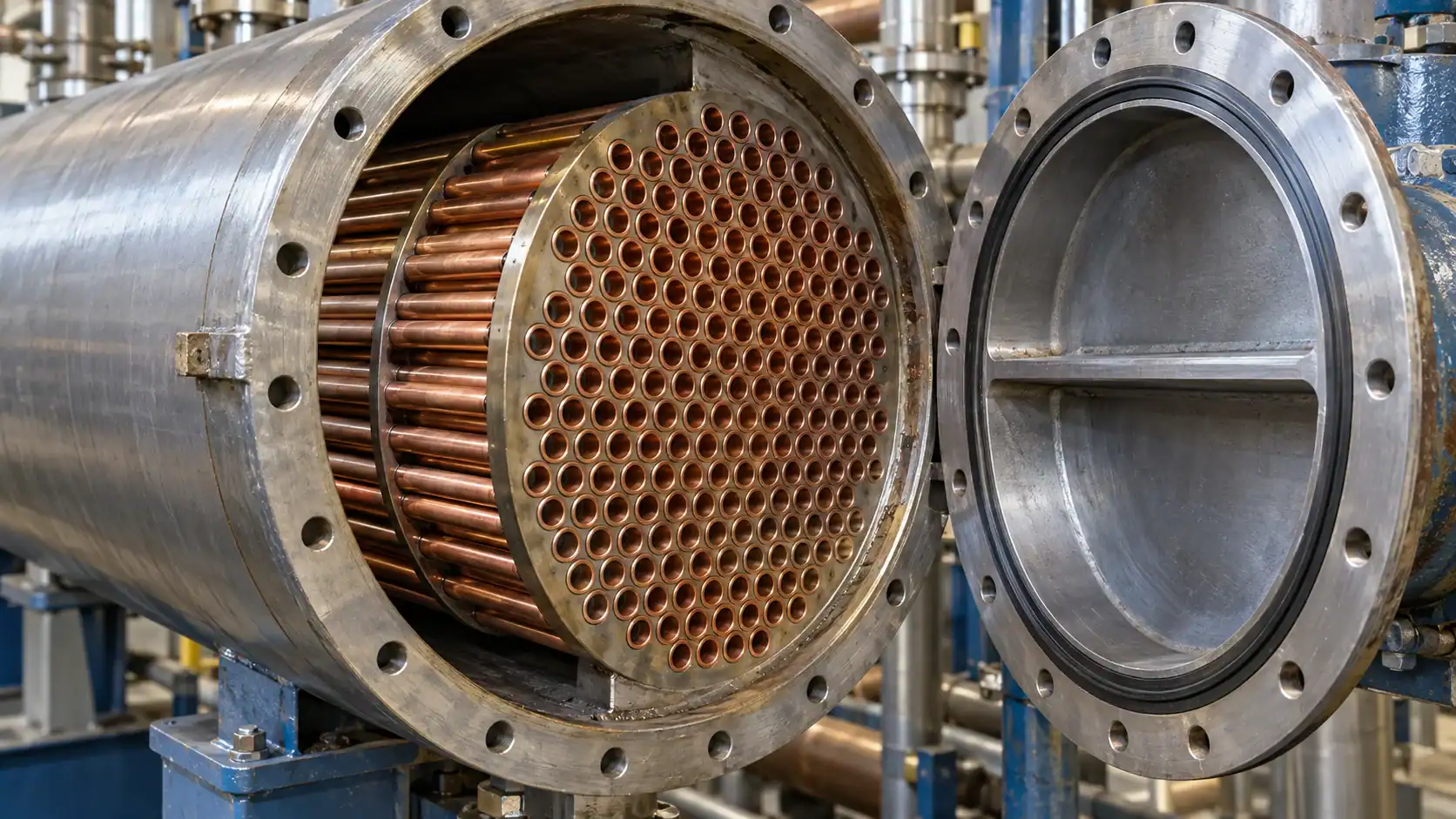 Industrial heat exchanger with copper tubes and stainless steel casing at Domi Refrigeration.