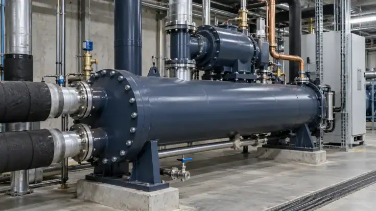 Water-cooled condenser assembly with shell-and-tube body and service connections