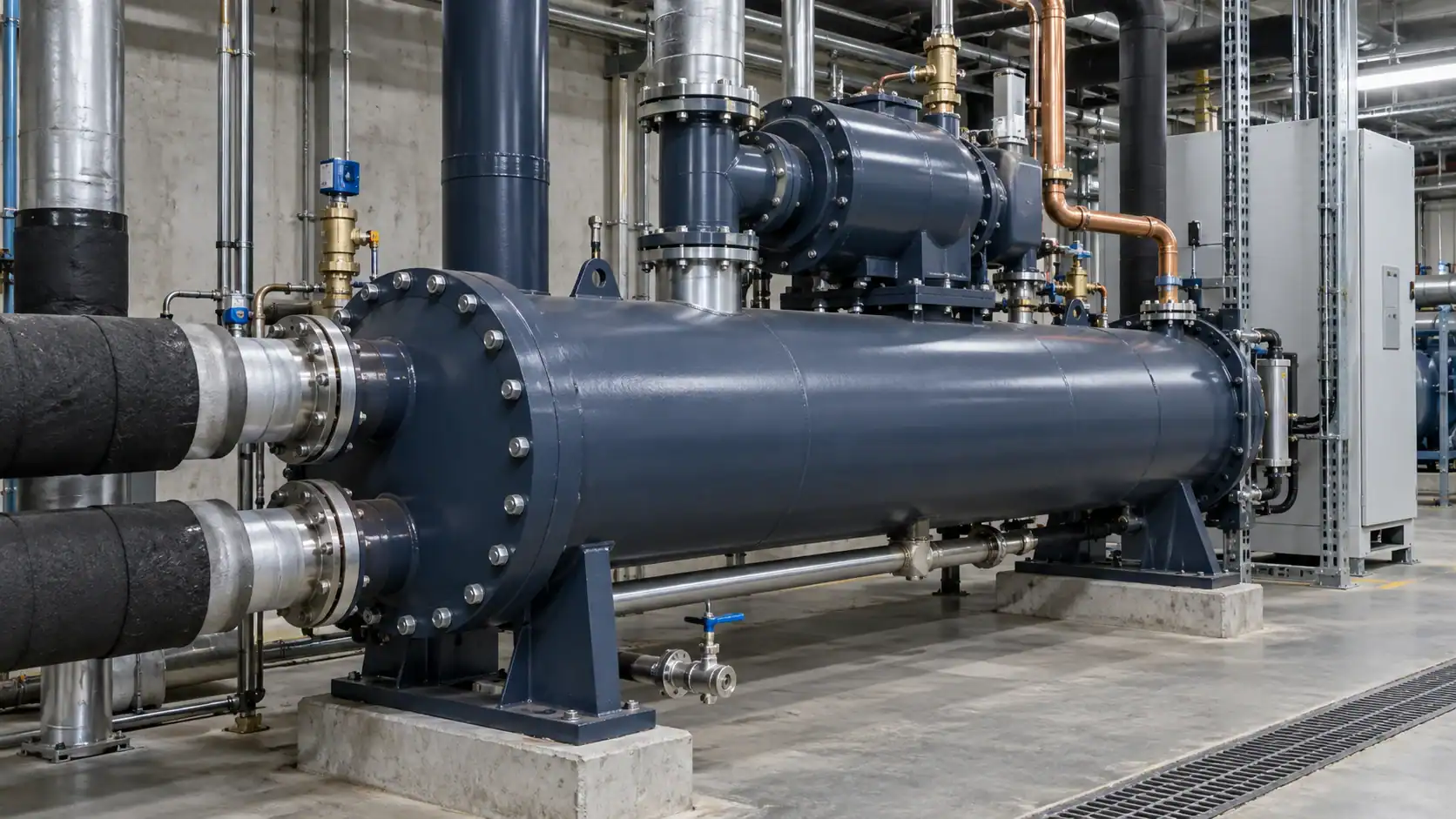 Water-cooled condenser assembly with shell-and-tube body and service connections