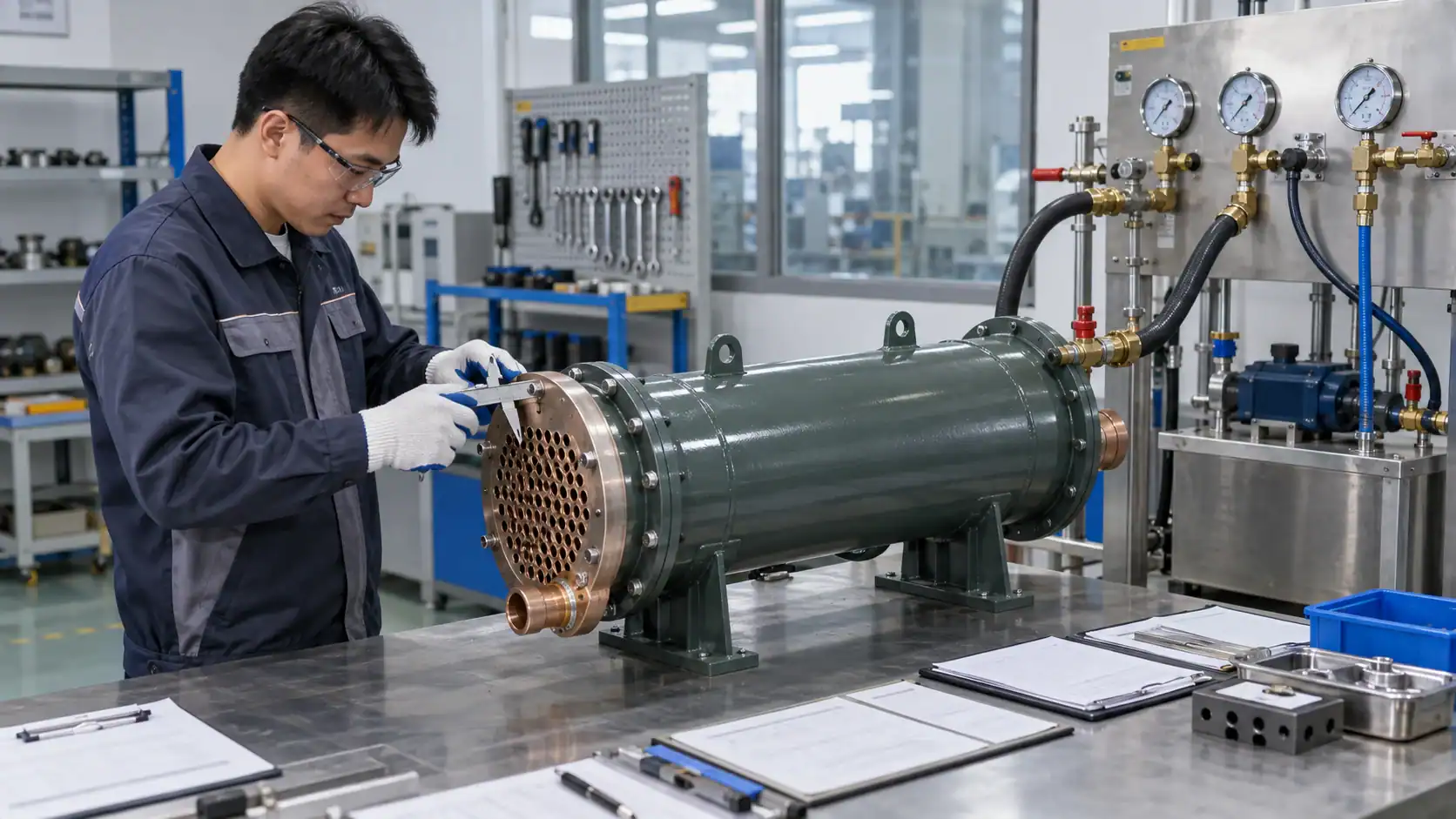 Quality engineer checking a condenser assembly with caliper, pressure test rig, and inspection documents
