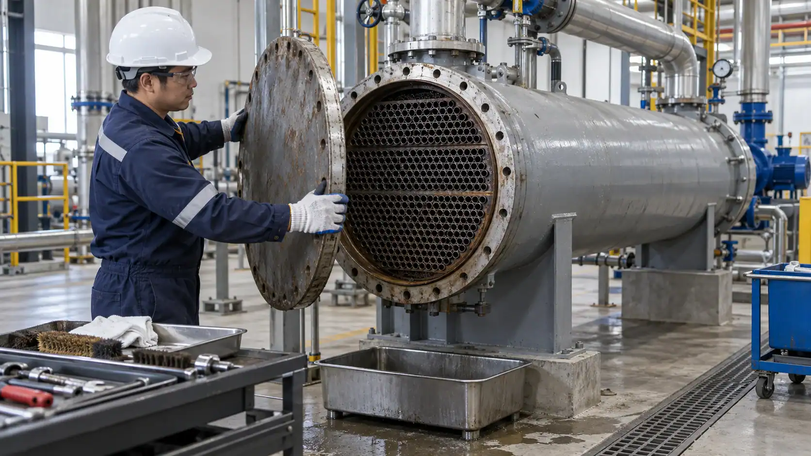 Industrial technician inspecting large heat exchanger in factory setting.