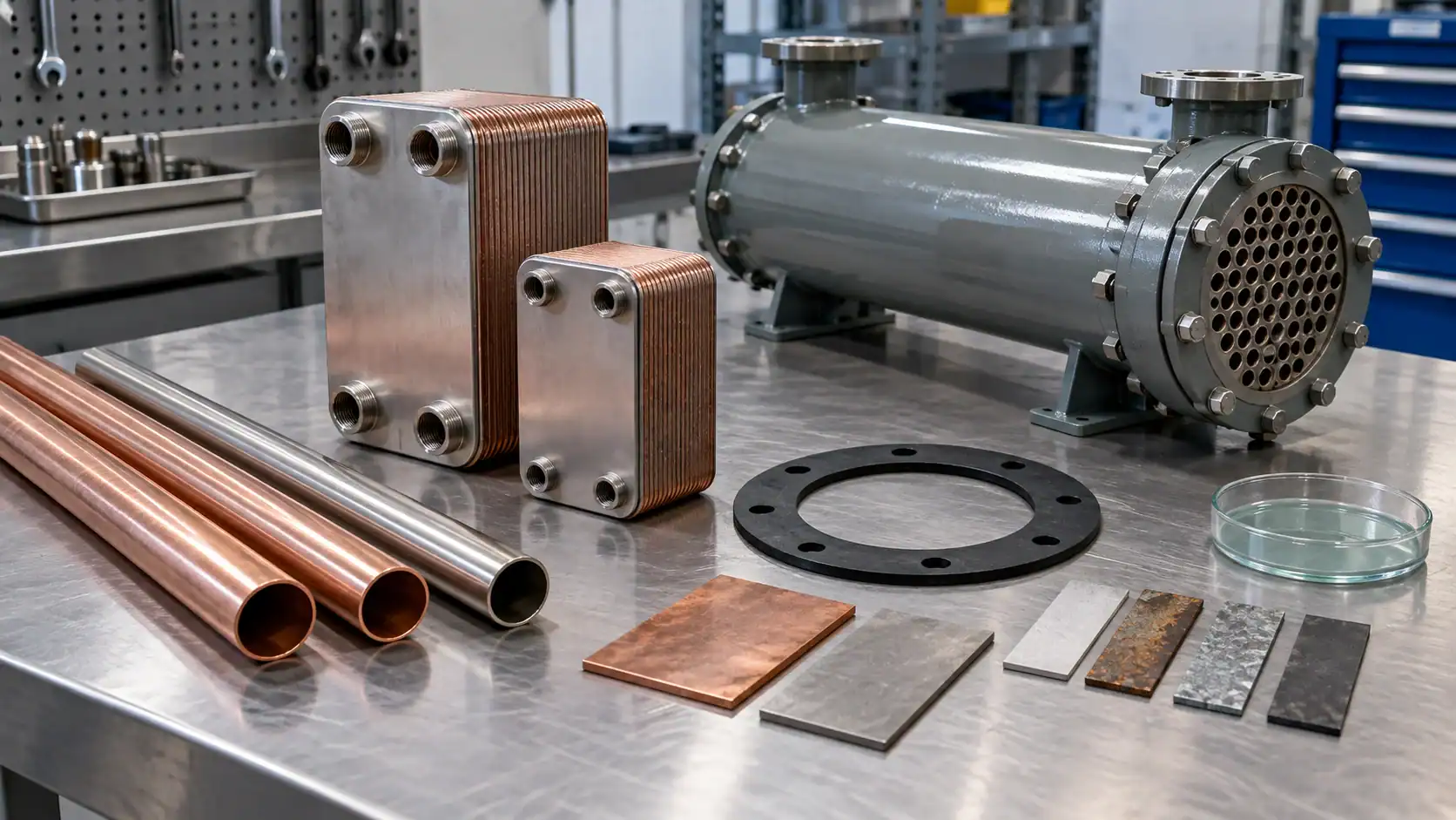 Industrial heat exchangers and copper pipes in a refrigeration workshop.