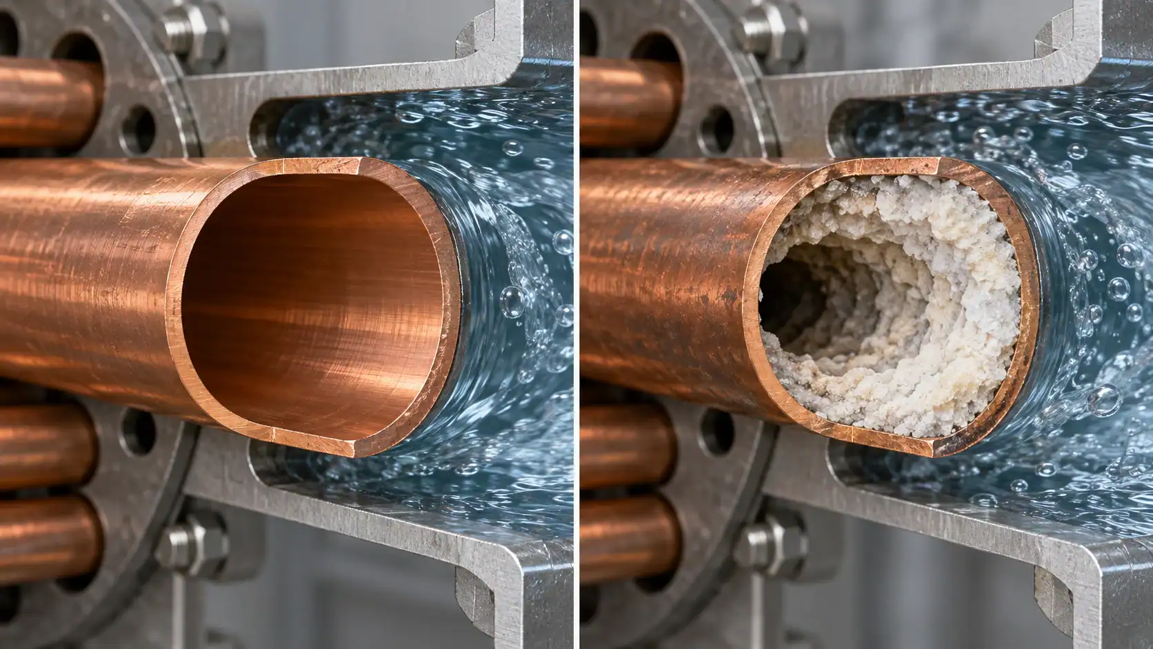 Copper pipe with water flow and mineral buildup inside.