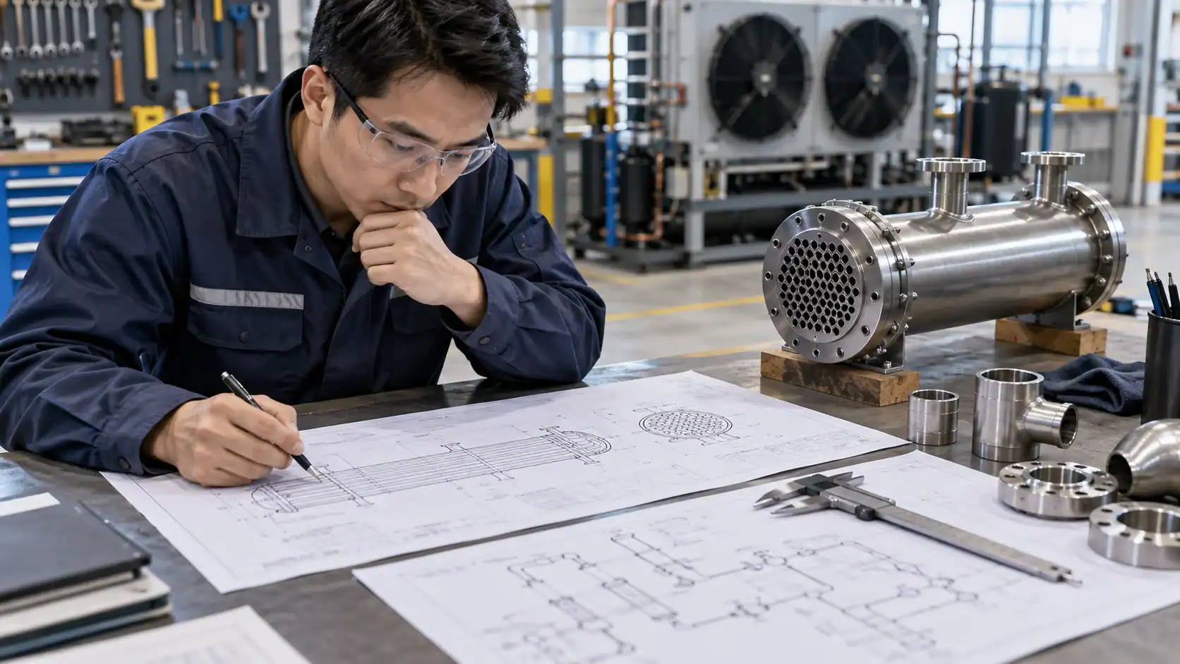 Engineer reviewing a condenser drawing, connection layout, and sample at an industrial workbench