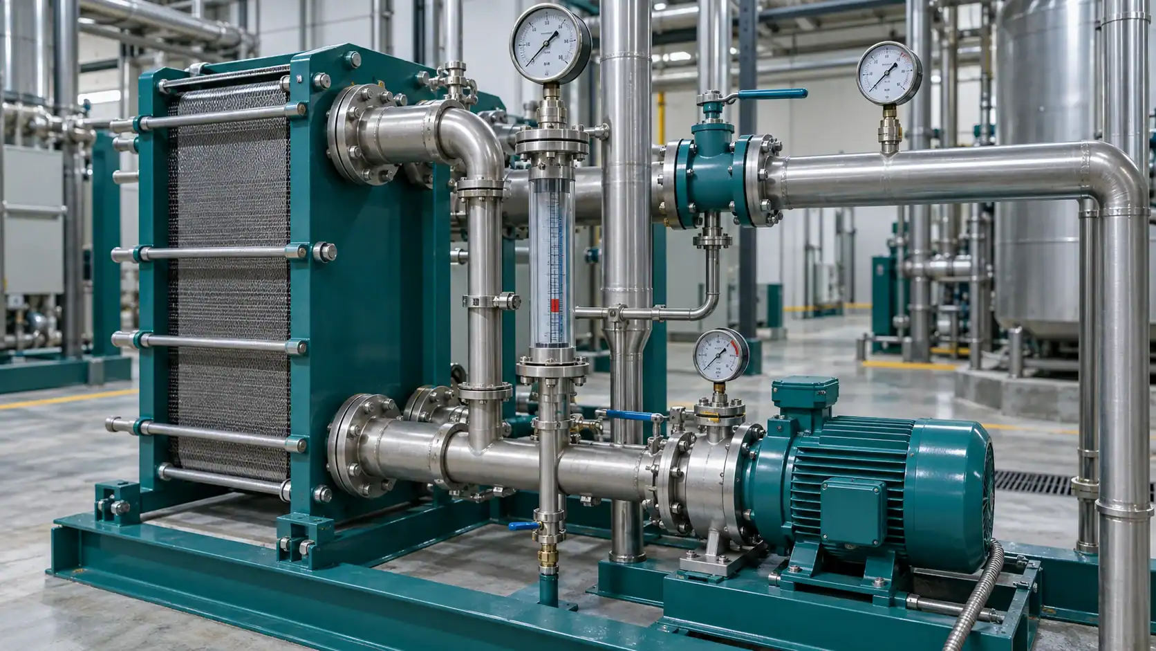 Industrial refrigeration system with pipes, gauges, and a motor in a facility.
