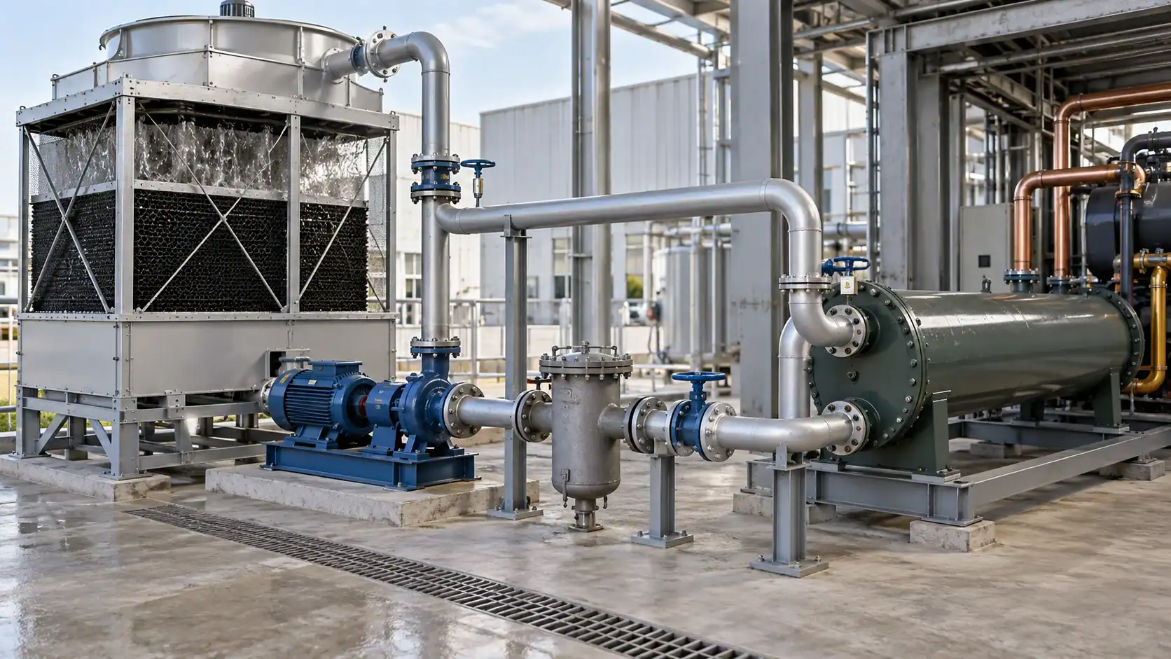 Industrial refrigeration system with pipes, pumps, and cooling units at Domi Refrigeration.