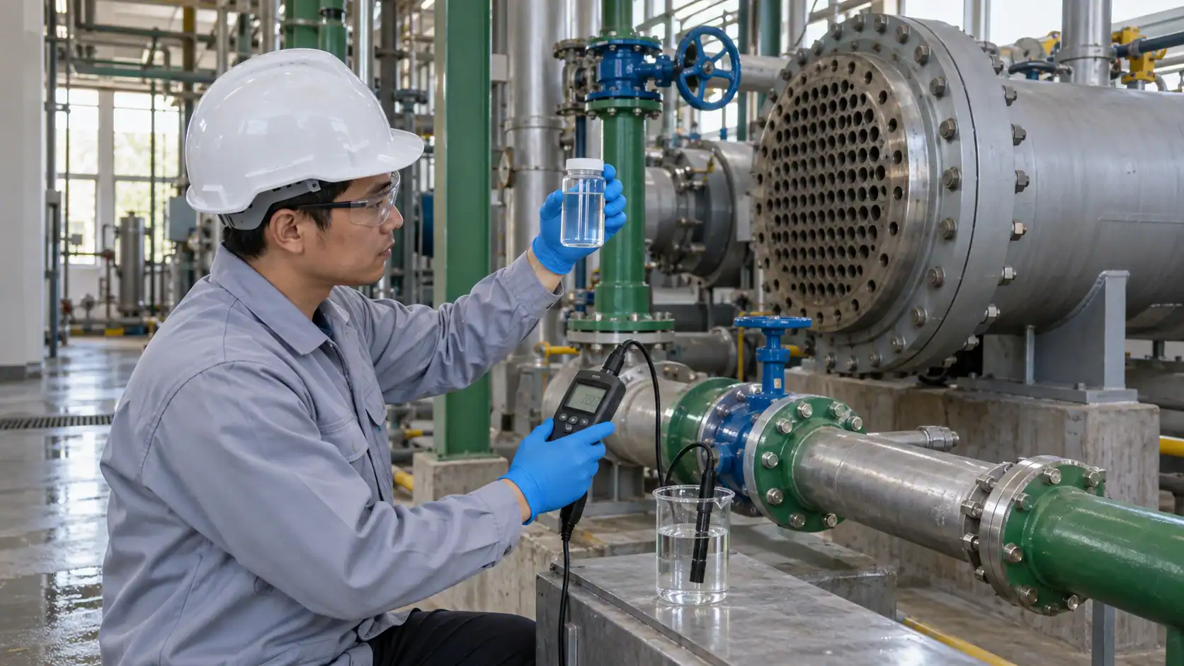 Asian engineer checking a water sample and conductivity meter beside condenser piping
