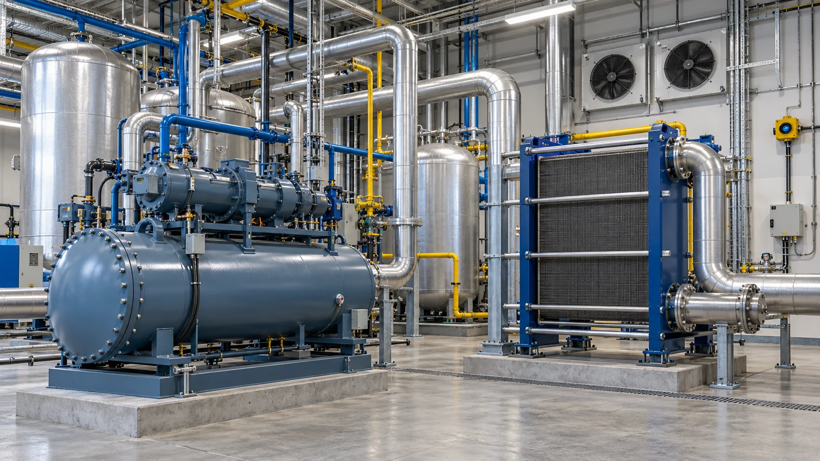 Industrial ammonia refrigeration machinery room with steel vessels and pipework