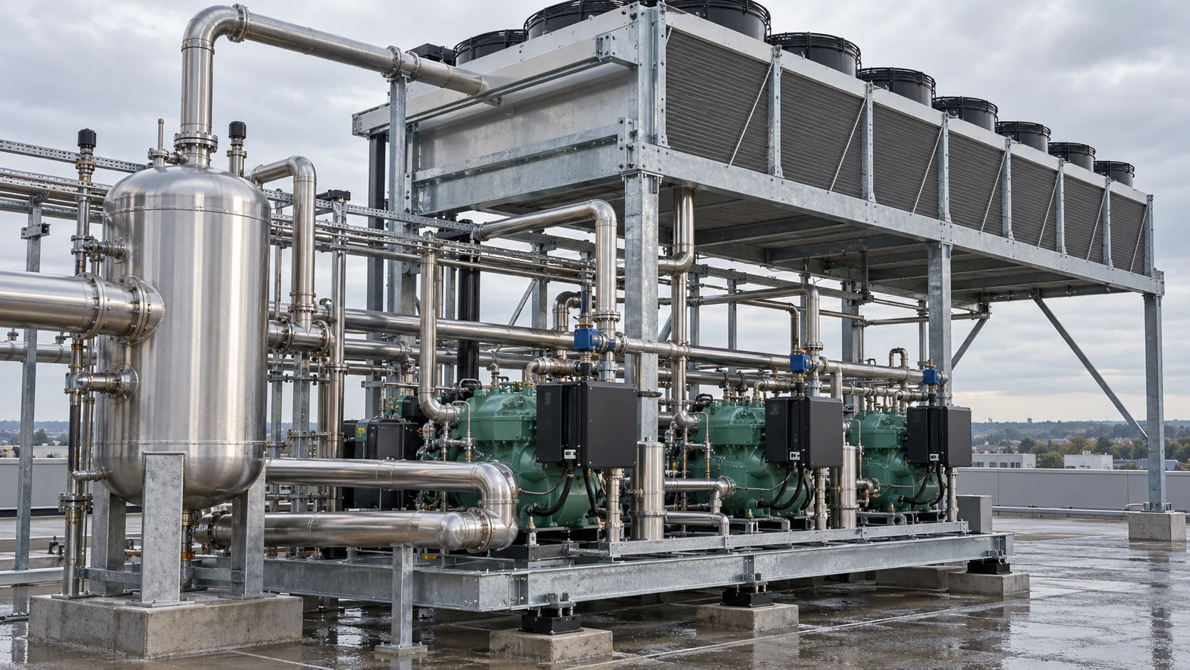 CO2 refrigeration gas cooler with industrial piping on a rooftop