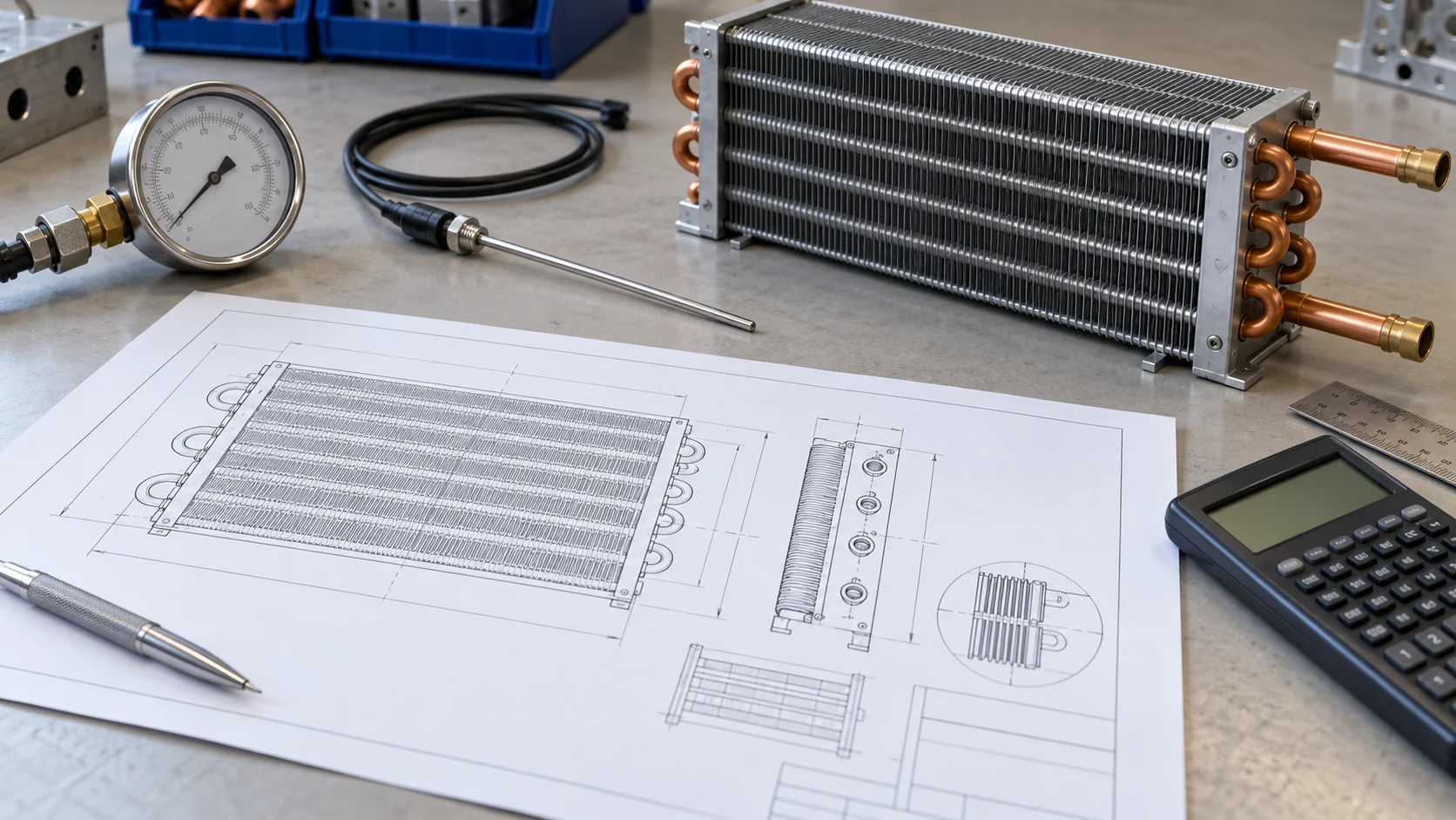 Refrigeration coil drawing, temperature probe, pressure gauge, and heat exchanger on a workbench