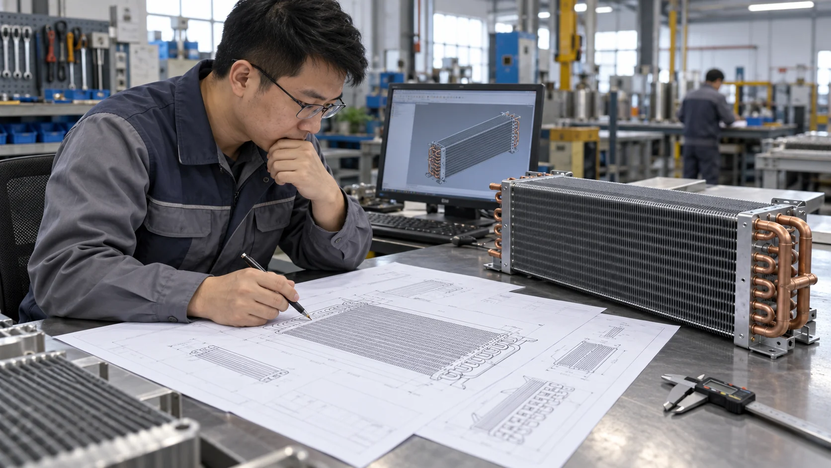 Asian OEM engineer reviewing a custom refrigeration coil drawing at a workbench