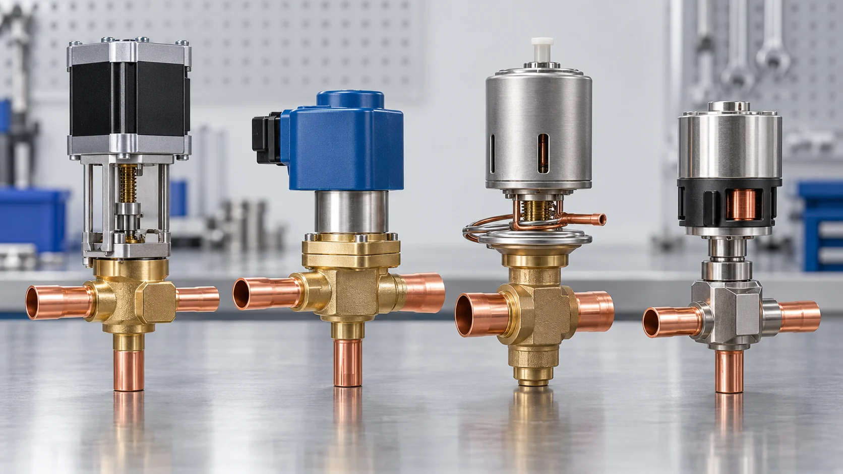 Electronic expansion valve actuator concepts including stepper, PWM, heat-motor, and magnetic types