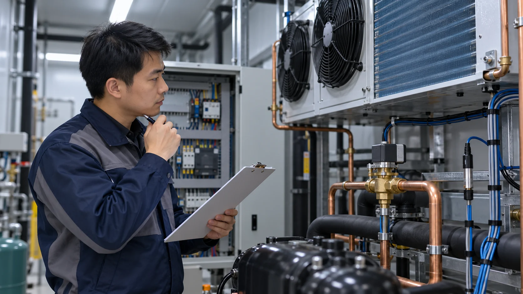 Asian refrigeration engineer reviewing an EEV commissioning checklist beside equipment