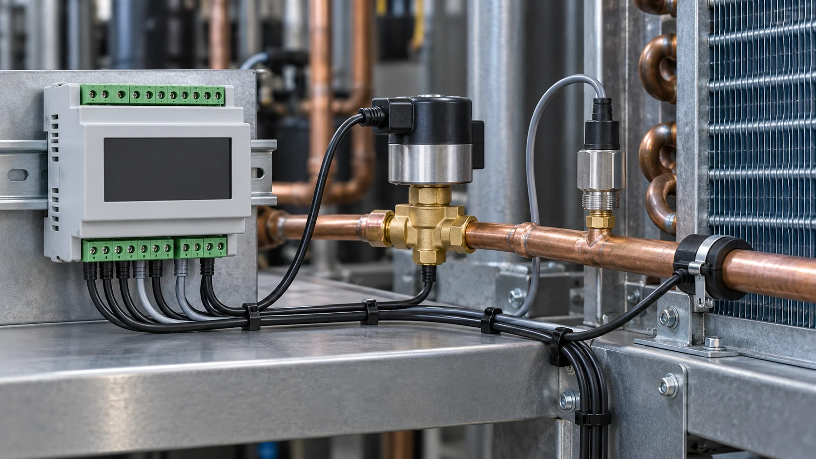 EEV controller connected to pressure sensor, temperature probe, and valve actuator