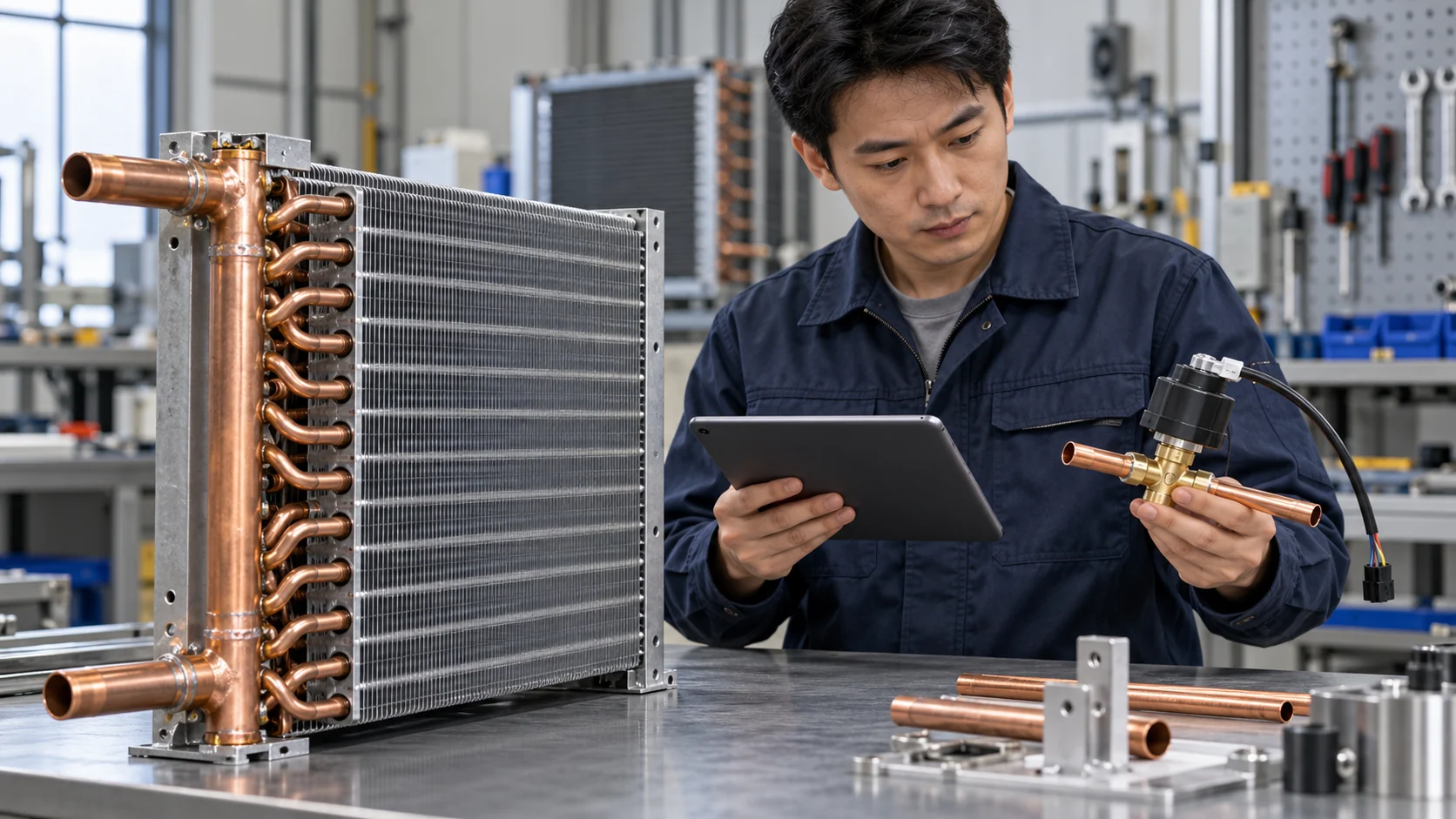 Engineer reviewing a custom evaporator coil and EEV distributor interface