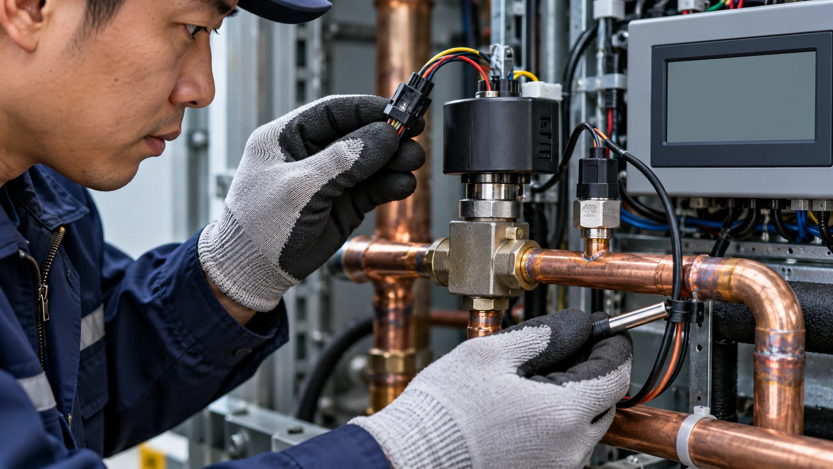 Technician checking expansion valve sensor and wiring connections