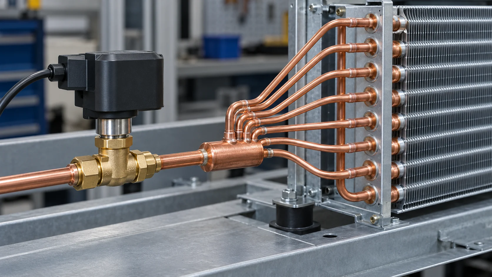 Electronic expansion valve feeding a multi-circuit evaporator distributor