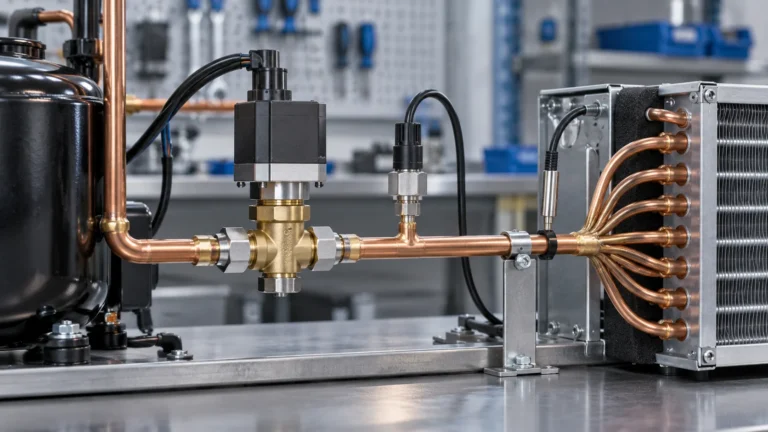 Electronic expansion valve with controller, pressure and temperature sensors, and evaporator coil