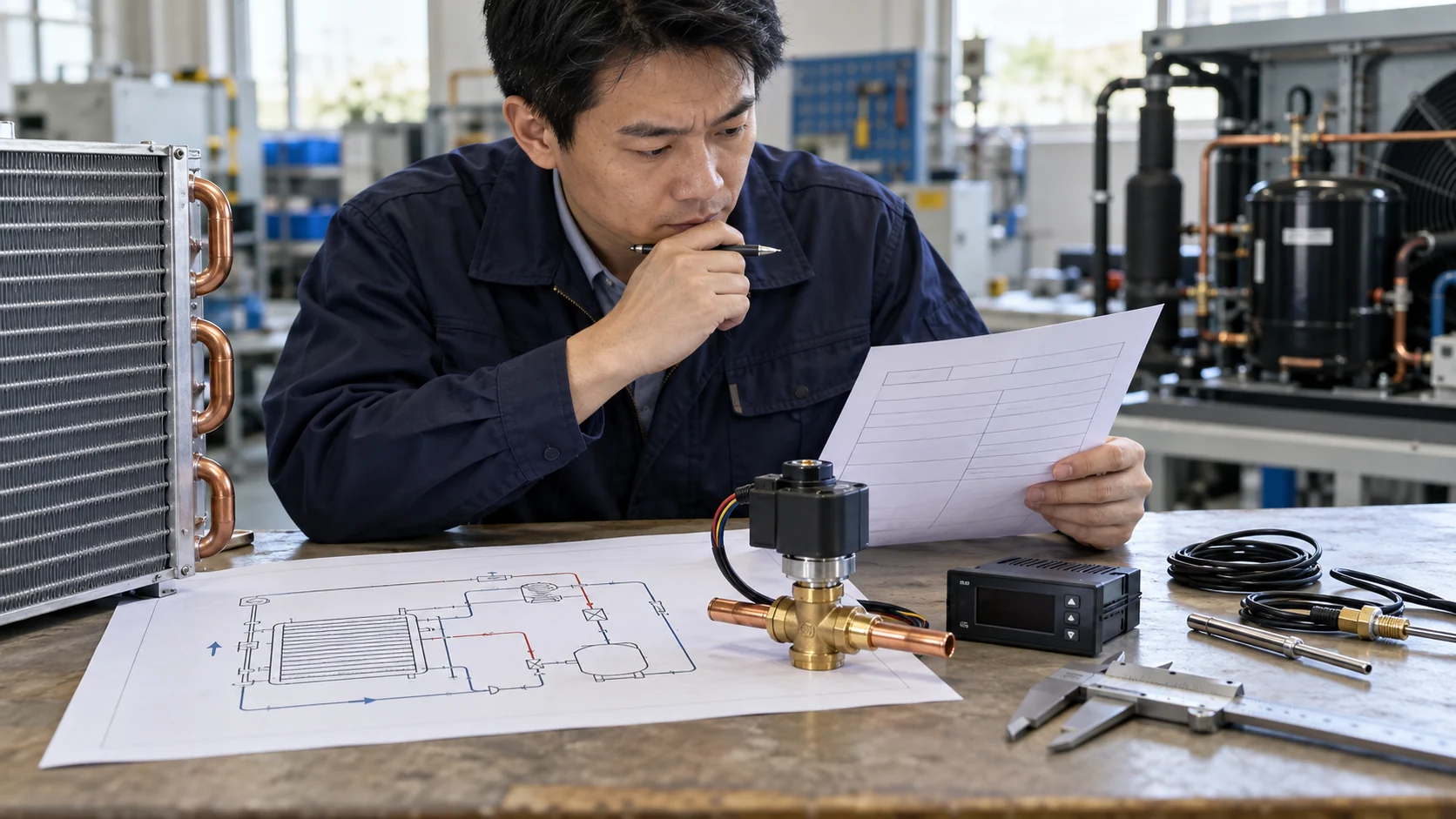 OEM engineer preparing electronic expansion valve request with system data