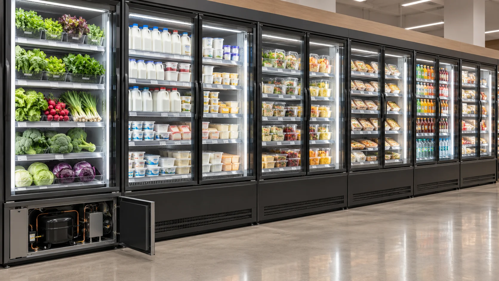 Self-contained refrigerated display cases in a grocery store
