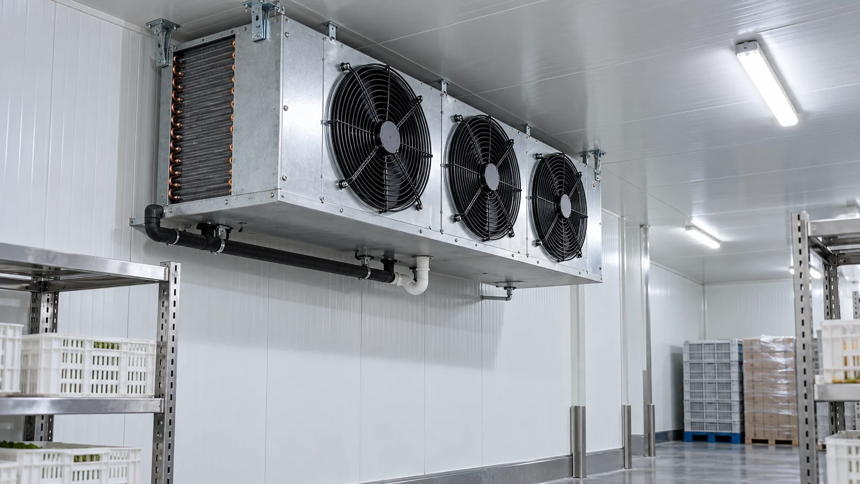 Evaporator coil mounted inside a clean cold-storage room