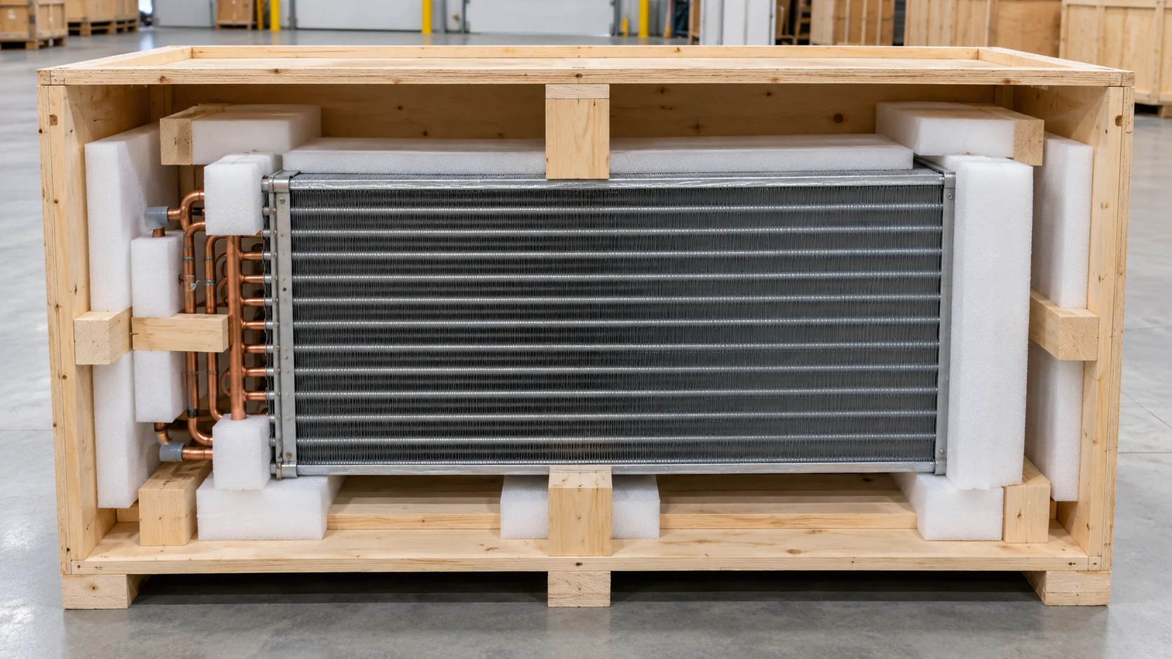 Finned refrigeration coil secured inside a protective wood crate