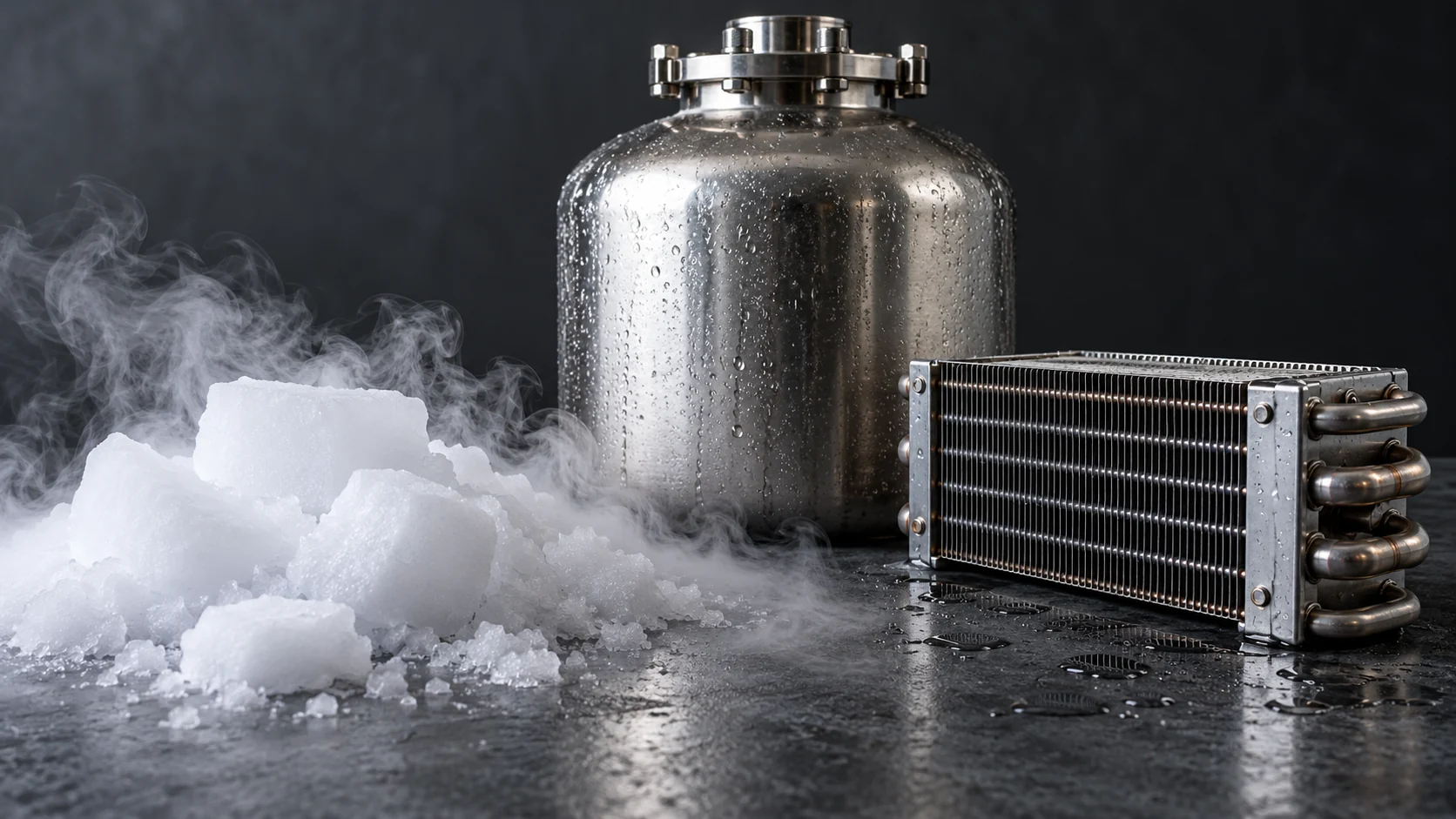 Concept arrangement showing dry ice, water, a steel vessel, and a refrigeration coil