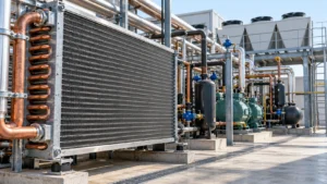 Commercial refrigeration plant with a finned heat exchanger in the foreground