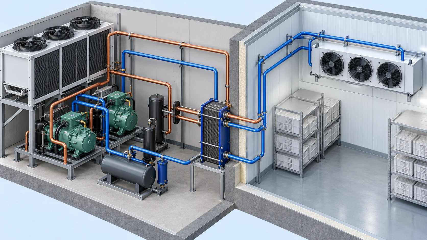 Illustrative refrigeration layout with a separate machinery room and cold room linked by piping