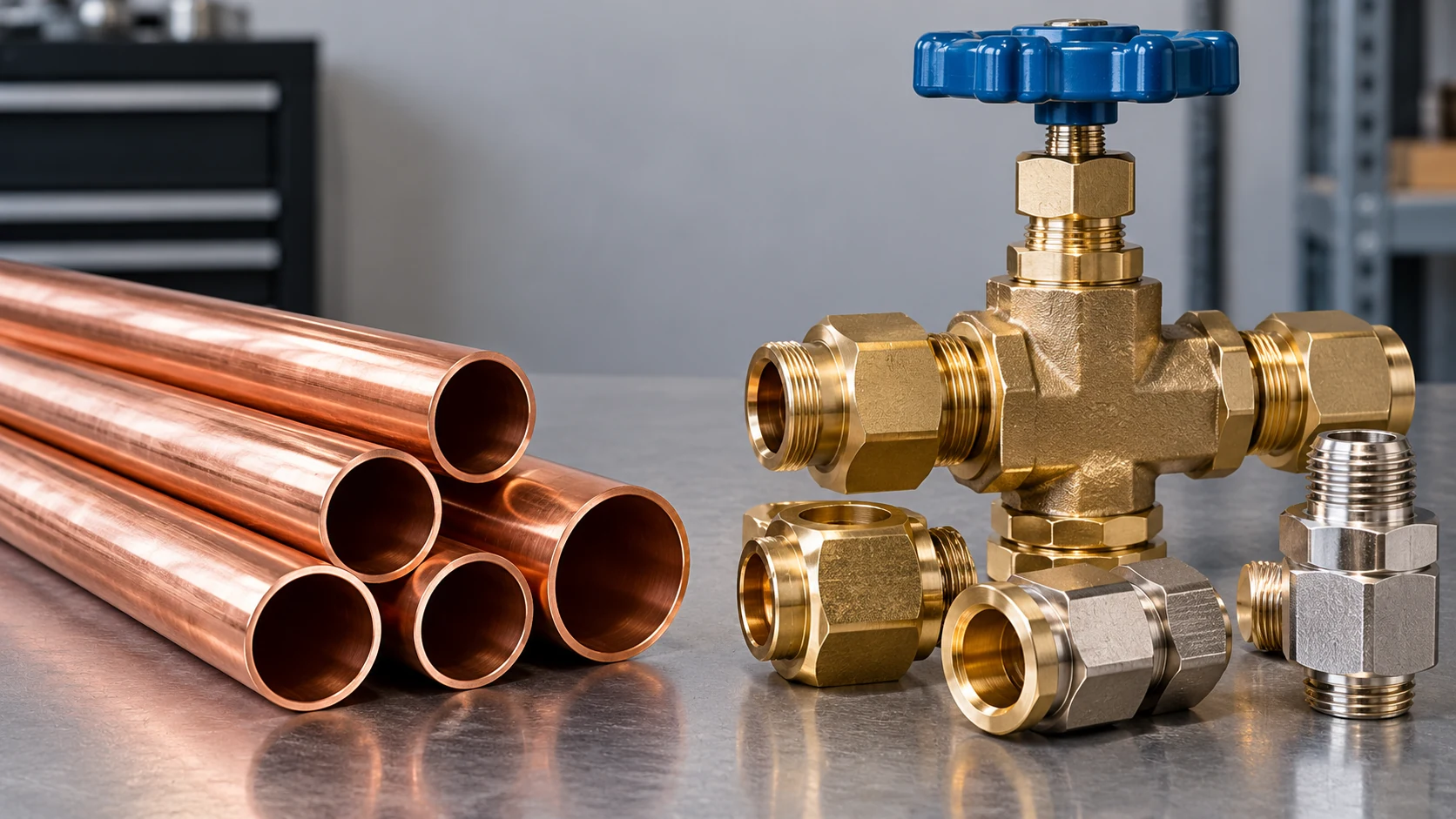 Tubes en cuivre ACR à côté de vannes et de raccords de réfrigération dans le cadre d'une comparaison de matériaux conceptuelle.