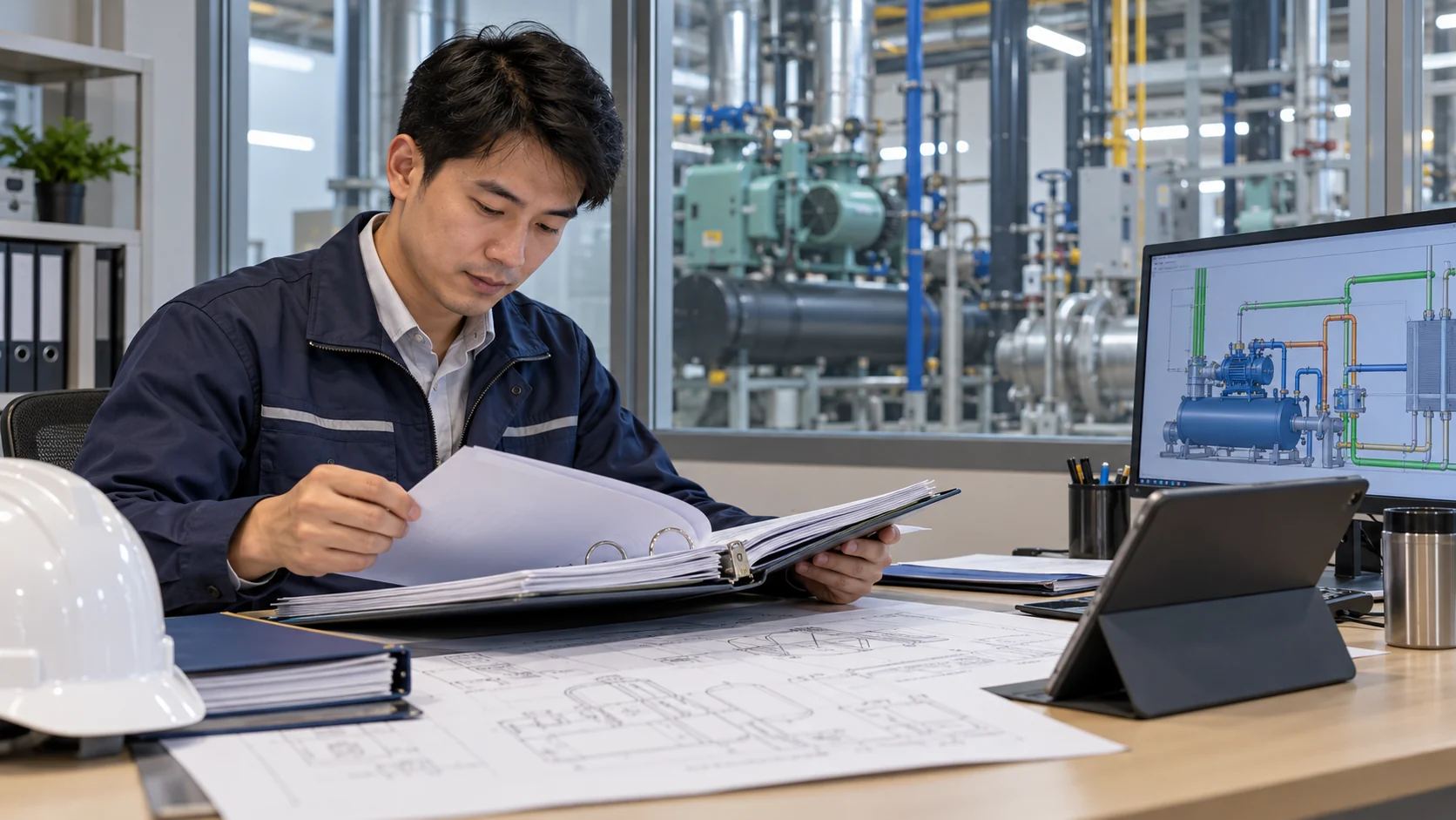 Asian facility engineer reviewing equipment documentation near a refrigeration plant