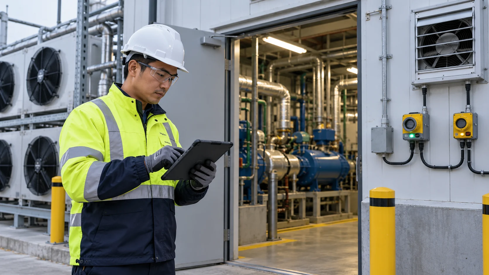 Asian refrigeration engineer reviewing a tablet outside a machinery room