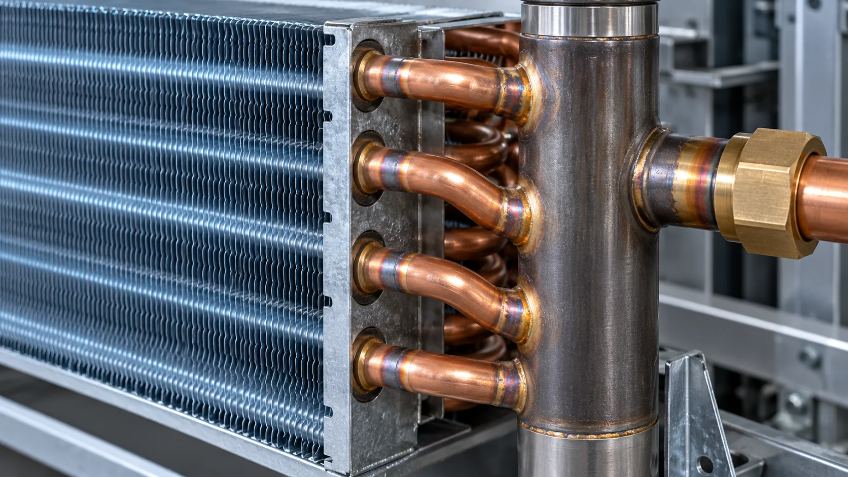 Close view of a refrigeration coil header and tube connections